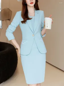 Vestidos de trabalho primavera azul senhora do escritório saia terno 2 peça conjunto outono feminino negócios sólido chique vestido formal único botão rosa blazer casaco