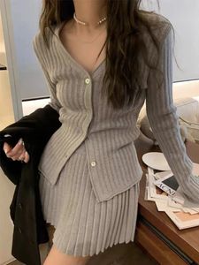 Two Piece Dress Elegant Two piece Solid Skirt Set V neck Long Sleeves Knitted Cardigan Mini Pleated Autumn Y2K Korean Chic Suit 231201