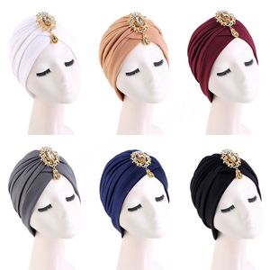 New Women Rhinestones Turban Hat Muslim Hijab Caps Islamic African Pleated Hijab Head Wraps Bandana Head Cover Chemo Cancer Cap