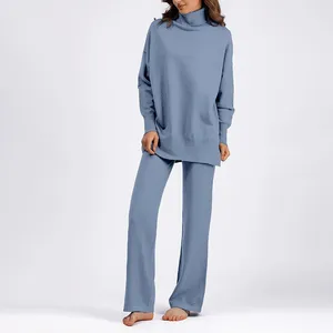 Kvinnors sömnkläder Autumn Winter Solid Color Long Sleeve Turtleneck Knit tröja Pyjamas för kvinnors byxor