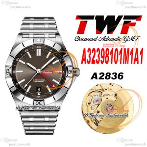 TWF Chronomat GMT ETA A2836 Mens Automático Assista Grey Stick Dial Dial Aço inoxidável bracele A32398101m1a1 Super Edition Relloj Hombre PureTime D4