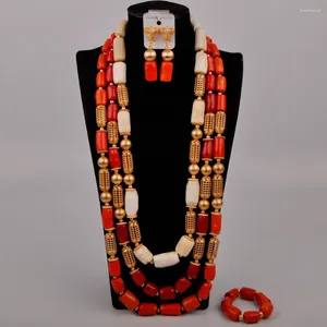Halsband örhängen set vit och röd orange naturlig korallpärla nigeria bröllop smycken afrikansk brud au-363