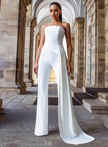 2024 trägerloses Krepp -Hochzeitskleid mit Zug ärmellose bodenlange Brautkleider Maxi Jumpsuit Robe de Soiree für Frauen Vestido de noiva