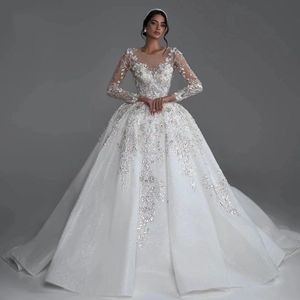 2024 Modern A-line Long Wedding Dress Scoop Long Sleeves Sequins Lace Appliques Embroidery Satin Bridal Gowns Sweep Train Custom Made Vestidos De Novia