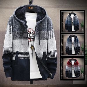 Maglioni da uomo Cardigan Giacca con cappuccio Maglione invernale Maglione Zip Maglieria Moda Pile a righe Lana Cappotto caldo spesso Camicetta fredda 231130