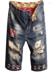 Men039s jeans shorts blå färger patch tryckt tvättade casual byxor mode kort rippad för6057173