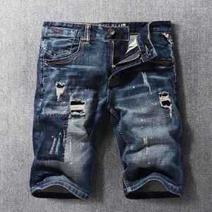 Jeans masculinos verão moda designer homens retro preto azul elástico bordado rasgado curto homme vintage casual denim shorts