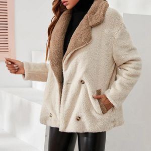 Women's Jackets Coat Casual Autumn And Winter Fashion Color Block Plush Lapel Lambs Wool Pocket Jacket Warm Outwear Female Clothes