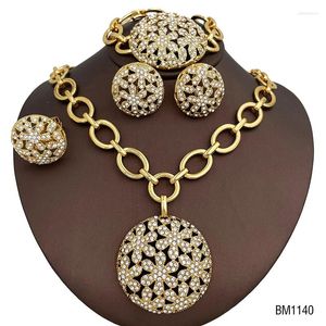 Necklace Earrings Set Dubai Luxury Gold Plated Jewelry Round Design Rhinestone Bangle Ring Wedding Party Gifts