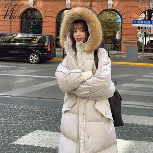 Casacos de trincheira femininos coreano faux gola de pele com capuz parkas mulheres oversize 100kg longo desgaste de neve jaqueta de inverno quente à prova de vento para baixo algodão