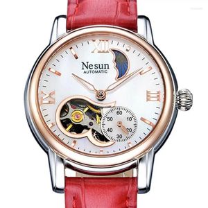 Armbandsur Schweiz Nesun Automatiska mekaniska kvinnors klockor Diamond Moon Fas Leather Waterproof Luminous Clock