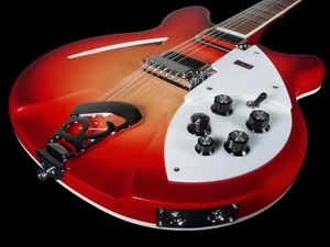 Özel Ric Fire Glo Kiraz Sunburst 360 12 Dizeler Elektro Gitar Yarı İçi Bütçe Vücut Üçgen Pearloid Klavye Kakmı 258