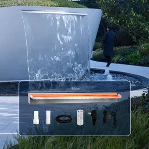 Koi Pond Spillway Waterfall Stainless Steel Pool Fountain APP Control Colorful LED Light Spillways Kit Water Blade Outdoor Fountains for Garden Yard 90x20x10cm