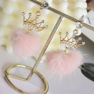 Dangle Earrings Autumn Winter Pink Fluffy Hairball For Women Fashion Cute Imitation Pearl Crown Drop Earring Jewelry