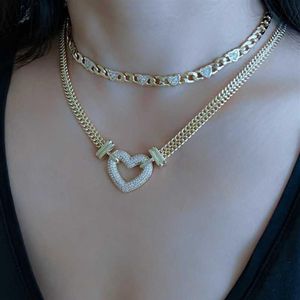 Fashion Gold Cuban Link Chain Choker Necklace Love Heart Punk Silver Color Cubic Zirconia Collar Necklace For Women Jewelry Gift X234v