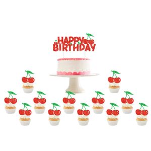 Ferramentas de bolo Decorações de bolo de aniversário de cereja Glitter Feliz Aniversário Bolo Topper Cereja Cupcake Toppers Meninas Frutas Fontes de festa de aniversário 231130