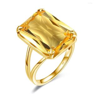 Cluster Rings Real 925 Sterling Silver for Women Citrine Crystal Engagement Finger Ring Gold Plated Anniversary Gift Female JewelR290F