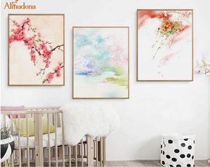 Landskap körsbärsblommor duk målningar kinesisk stil berg abstrakt affisch nordisk väggkonst bild hem dekor3013776