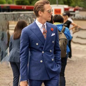 Męskie garnitury granatowe na męskie lapy podwójnie piersi biznes Blazer Wedding Groom Tuxedo 2 -Eup Kurtka Kostium Homme