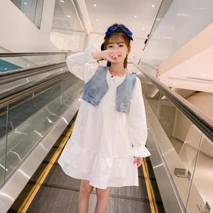 Girl Dresses Dress For Girls Sweet Denim Waistcoat Fake Two Piece Costume Spring Autumn Preppy Style Teens Clothing 6 8 10 12 14Yrs