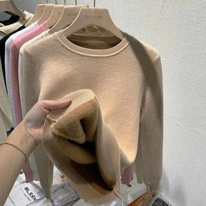 Damenpullover, O-Ausschnitt, plus Samt, verdickt, Winter, schlank, warm, feminin, Pullover, Tops, lässig, mit Plüsch, Fleece gefüttert, weicher Strickpullover