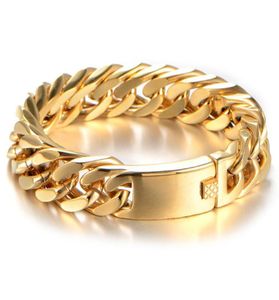 Legal masculino aço inoxidável tom de ouro pulseiras men039s mão corrente de pulso 15mm largura meio-fio corrente link pulseira moda jóias gift6403649