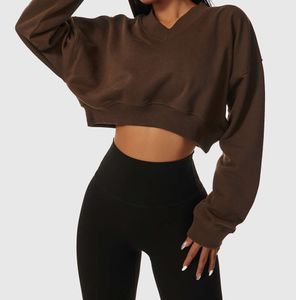 LL NY STIL KVINNA YOGA Långärmad skjorta Crop Top Solid Color Loose Sports Fitness V Neck Jogging Sportkläder andas 3 färger