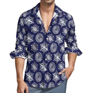 Camicie casual da uomo Stampa fiocco di neve Camicia blu e bianca a maniche lunghe Camicette larghe ed eleganti Autunno Abbigliamento grafico Taglie forti 4XL