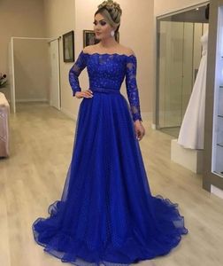 Prom Dresses Royal Blue Plus Size aftonchown Party Formal Zipper spetsar upp ny anpassning En linje Applique långärmad off-shoulder tulle spets