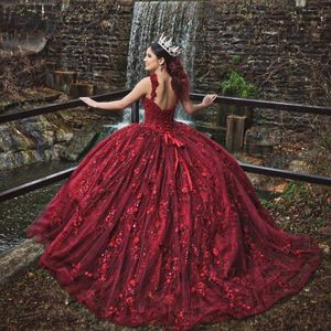 Red Shiny V-Neck Appliques Off The Shoulder Quinceanera Dress Ball Gown Sweep Train Tulle Princess Party Prom Dress vestidos de 15