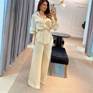 Kvinnors tvåbitar byxor Kvinnor Solid Wide Leg 2 Set Casual Loose Lantern Sleeve Shirts Passar Chic High midjebyxa Kvinnliga blusdräkter