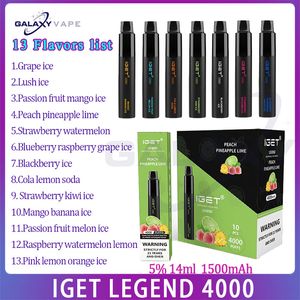 Original IGET Legend 4000 Puff ECigarette 1500mAh Battery 14ml Pod Mesh Coil 5% level E Cigarette Puffs 4 kit 13 Flavors
