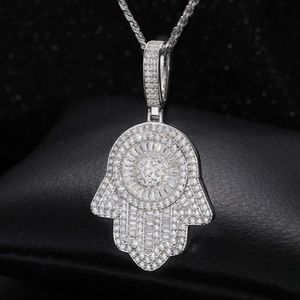 Bling luxo 925 prata esterlina baguette vvs moissanite diamante gelado para fora hamsa mão pingente colar para presente de jóias