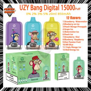 Original UZY Bang Digital 15000 Puff E Cigarettes 20ml Mesh Coil 0% 2% 3% 5% 12 Flavors 850mAh Rechargeable Bettery Disposable Vape Pen Puffs 15k