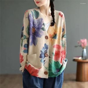 Malhas femininas tpjb outono cardigan vintage solto vison camisola jaqueta floral impresso longo feminino com decote em v cashmere lã casaco de malha