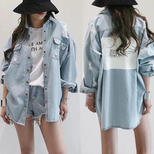 Jaquetas femininas casaco de manga comprida impresso split back carta buraco solto primavera e outono casual denim trincheira