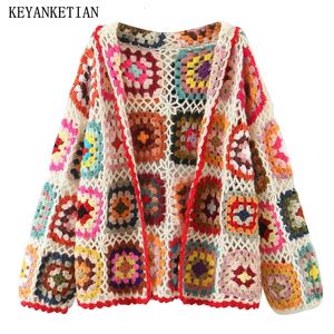 Women's Sweaters KEYANKETIAN Autumn Hollowed Out Hook Floral Color Knit Cardigan Ladies Bohemian Style Loose Handmade Sweater Top Fresh 231201