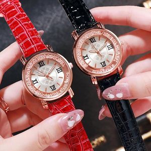 Zegarwotki kobiet dziewczyna prosta kwarcowa zegarek zegarek Pu skórzany pasek kryształowe koraliki okrągłe tarcze zegarowe do sukienki