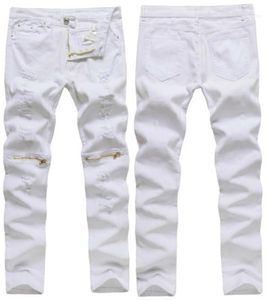 Men039s Jeans Whole Mens White Ripped Cotton Distressed Skinny Thinning Cargo Zipper Over Knee HipHop Male Pants Jean9377416