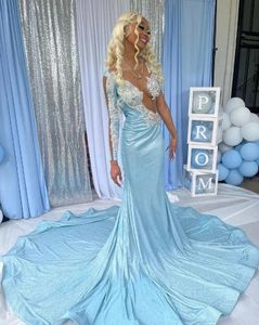 Ice Blue Mermaid African Prom Dresses for Women Sparkly Crystal Applique Sheer Mesh Celebrity Runway Birthday Gown 2024