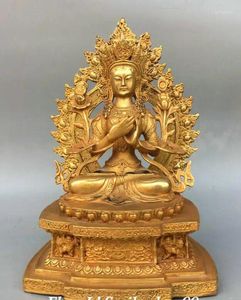 Statuette decorative da 27,9 cm del vecchio tempio del Tibet, in bronzo dorato, statua del Buddha Tara Kwan-Yin Guan Yin bianco dorato