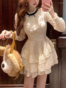 Abiti casual Mini abito in pizzo francese donna manica lunga Vintage dolce femminile Kawaii anche festa un pezzo coreano 2023 autunno Chic