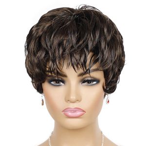 Kort perukhuvudbonad med sneda lugg Kort hår Kvinnors peruk Huvudbonad kvinnors peruk Huvudbonad ljusbrun