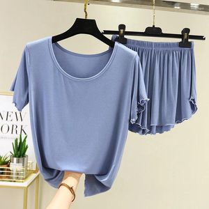 Fatos femininos macios e respiráveis modal sólido casual manga curta camisetas shorts conjunto fino roupas femininas verão pijamas roupas de casa