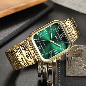 Relógios de pulso de luxo homens relógio vintage ouro verde dial homens quartzo relógio de pulso gravura banda masculino reloj retângulo numerais romanos homem relógio