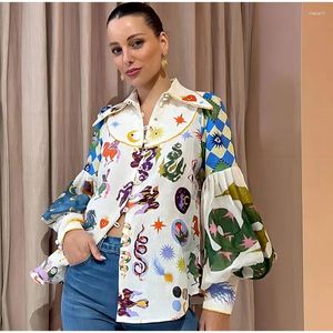 Women's Blouses Casual Print Long Sleeved Shirt Lantern Sleeve Single Breasted Turn-down Collar Shirts Fashion Cartoon Lady Top Street