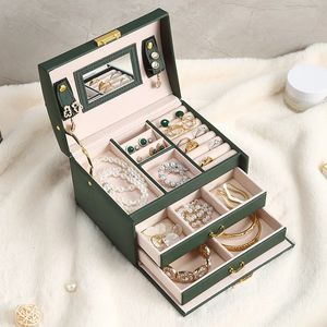 Коробка для хранения ювелирных изделий с зеркалом, трехслойный лоток, многофункциональный органайзер, кольцо, ожерелье, портативный чемодан 231201