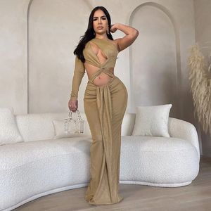 Elegant Solid Cut Out Evening Dress Women Sexy One Shoulder Long Sleeve Bodycon Maxi Dresses 2024 Spring Party Clubwear
