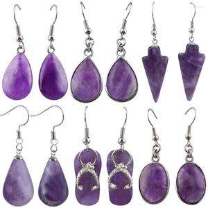 Kolczyki Dangle Tumbeelluwa Natural Purple Crystal Gem Hook/klipsy dla kobiet