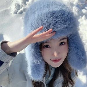 Berets Fluffy Fur Bomber Chapéus para Mulheres Inverno Quente Engrossar Proteção de Orelha Bonnet Windproof Flap Plush Ski Caps Russo Ushanka Cap